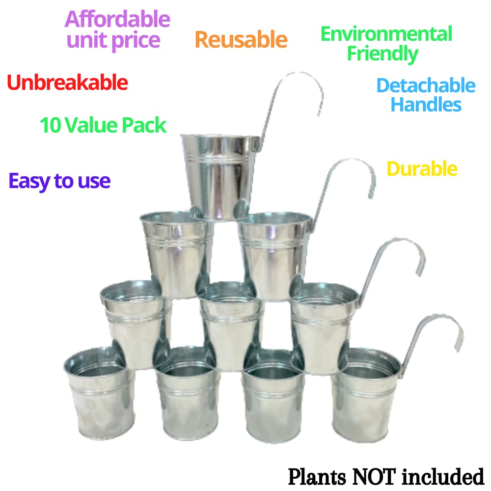 LaLaGreen Fence Planters for Outdoor Plants (10 Pack, 4 Inch) Balcony Planter Railing Hanging, Small Silver Metal Flower Pot Rail Wall Cute Farmhouse Garden Rustic Deck Porch Window Box Bucket Decor
