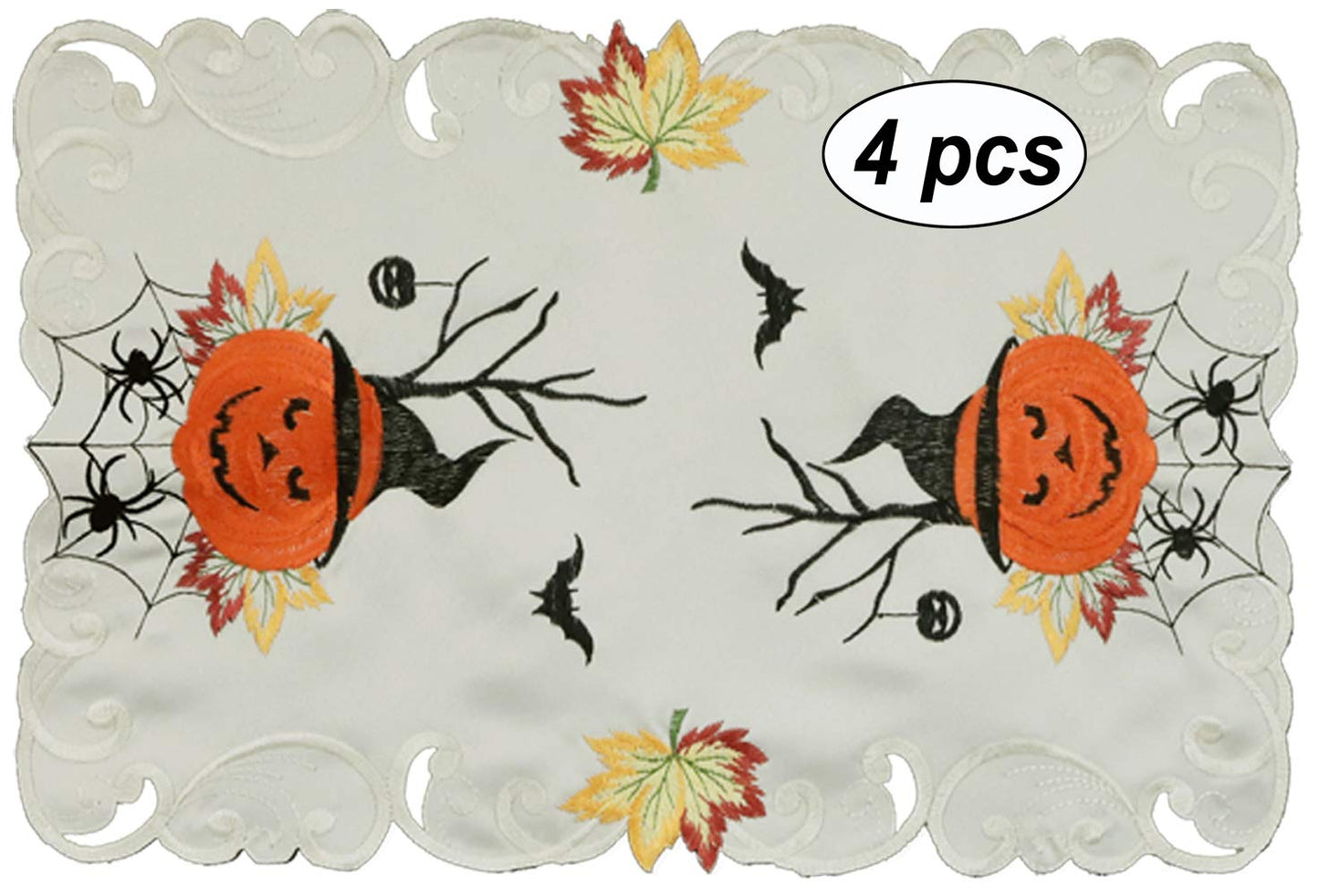 Creative Linens 4PCS Halloween Placemats 11x17”, Embroidered Spooky Pumpkin Bats Spider Web Tray Cloth, Ivory, Set of 4 Pieces