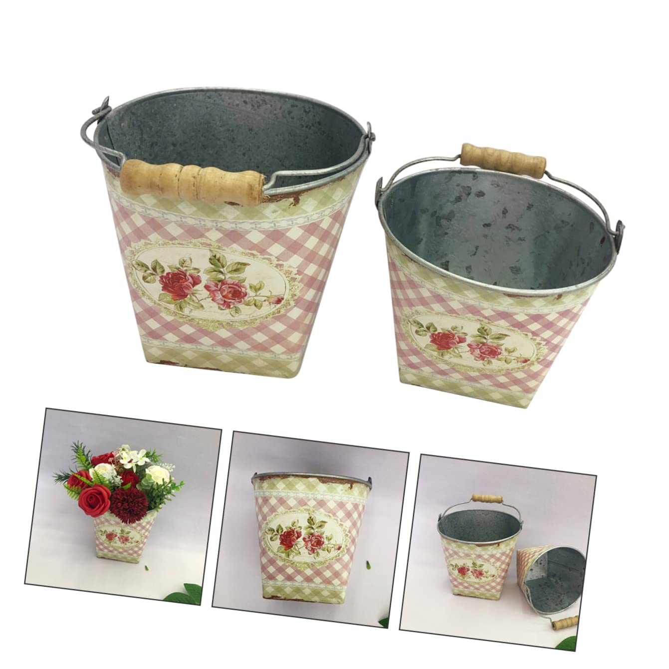 Parliky 2 Pack Metal Flower Buckets with Handle 5.7 Inch Rustic Iron Planters for Garden Patio Balcony Floral Arrangement Containers