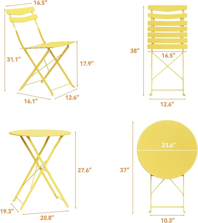 GarveeLife 3 Piece Patio Bistro Set, Folding Patio Bistro Table and Chairs Set
