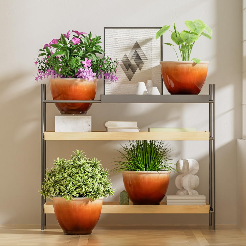 Vanslogreen 8 Inch Plant Pots with Drainage Hole, 4 Pack Plastic Flower Pots, Modern Sleek Decorative Planter for Indoor Outdoor Plants Succulent Snake (Orange)