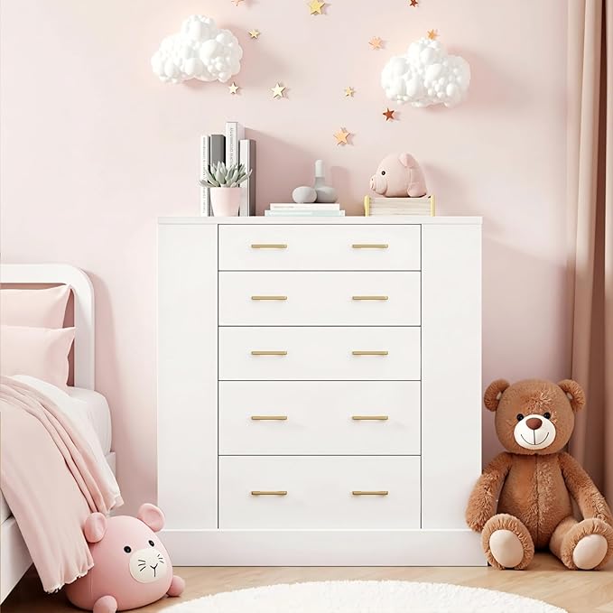 Drawer Dresser with LED Lights and Open Shelves, Modern Tempered Glass Top