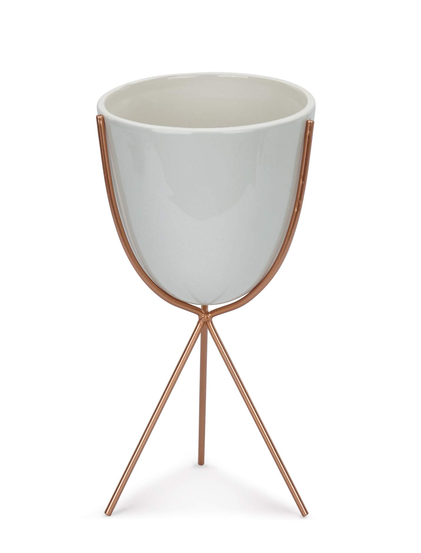 Napco 21965 Ceramic Planter/Cache Pot in Stand, White & Rose Gold