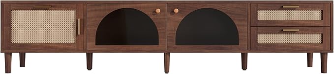 Merax Rattan TV Stand with LED Lights, Solid Wood Feet, Living Room, Bedroom