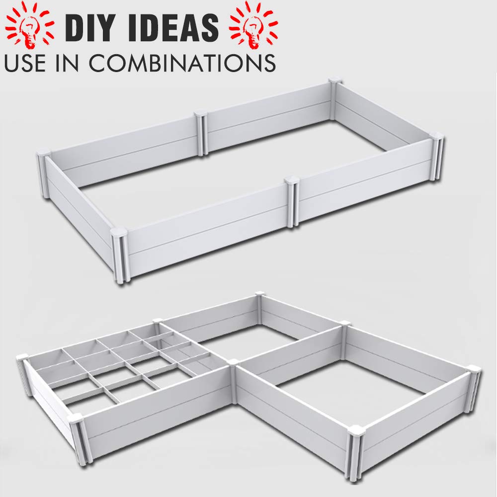 Kdgarden Raised Garden Bed Kit 4'x4' Outdoor Above Ground Planter Box for Growing Vegetables Flowers Herbs, DIY Gardening, Whelping Pen and More, Screwless White Vinyl Garden Bed with Grid