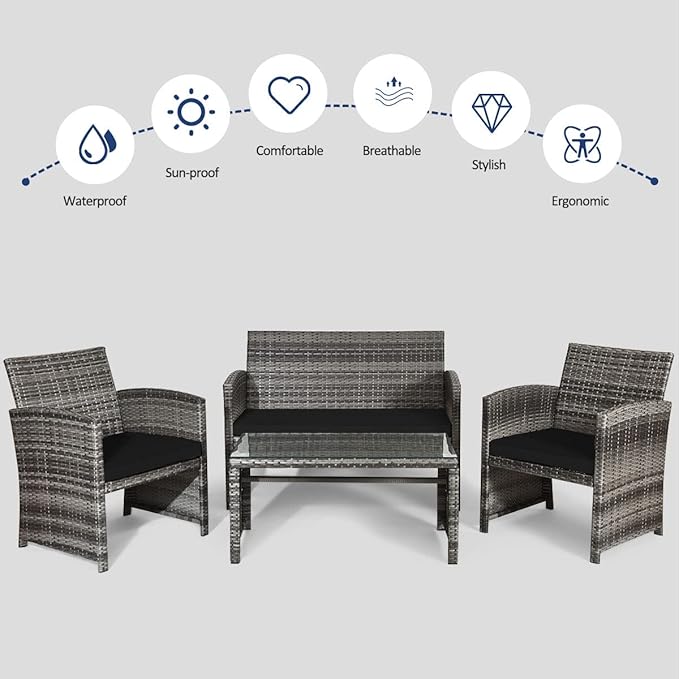 Tangkula 4 PCS Wicker Patio Conversation Set, Outdoor Rattan Sofas