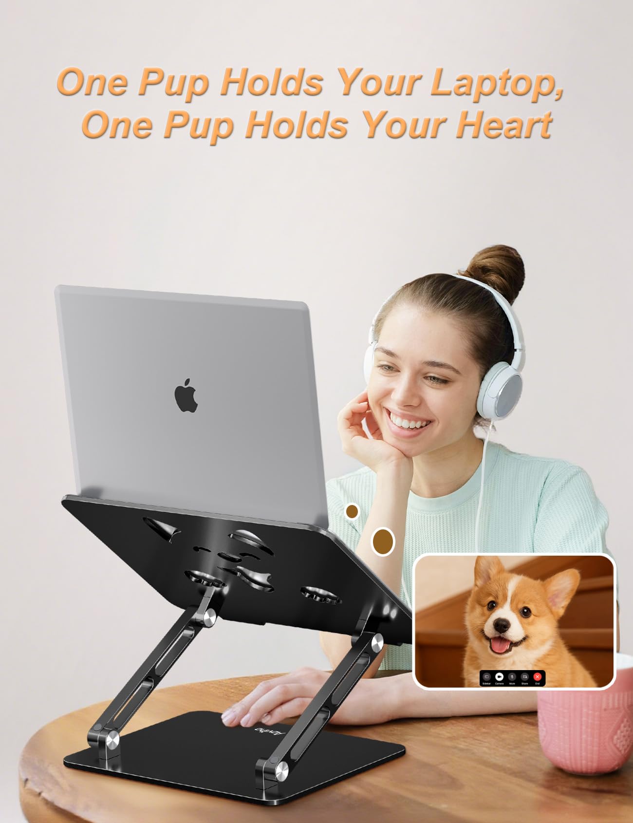 Aoviho Laptop Stand for Desk-Adjustable, Foldable, Portable, Ergonomic Aluminum Notebook Riser with Unique Puppy Cooling Vent, Desk Gift for 10"-17.3" Devices Mac, Dell, HP, Lenovo, Samsung, Black