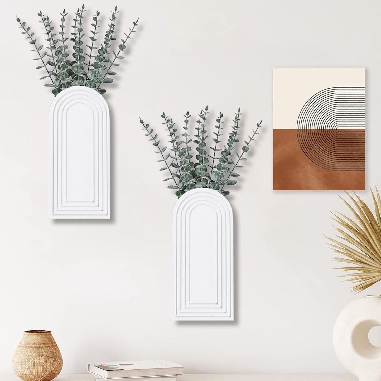 Dnnnii 2 Pack Wooden Wall Vase Set - White Finish Modern Farmhouse & Boho Wall Decor for Entryway, Hallway, Bathroom, Living Room, Dining Room, Narrow Spaces