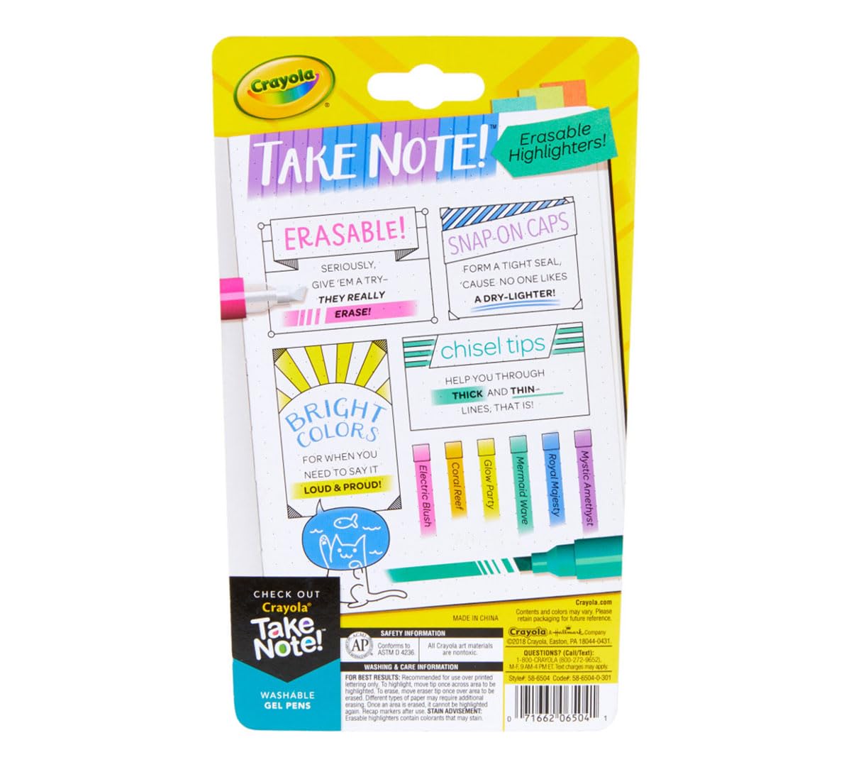 Crayola Take Note Erasable Highlighters (6ct), Teacher Essentials, Cute Aesthetic School Supplies, No Bleed Highlighters, Chisel Tip Marker Set
