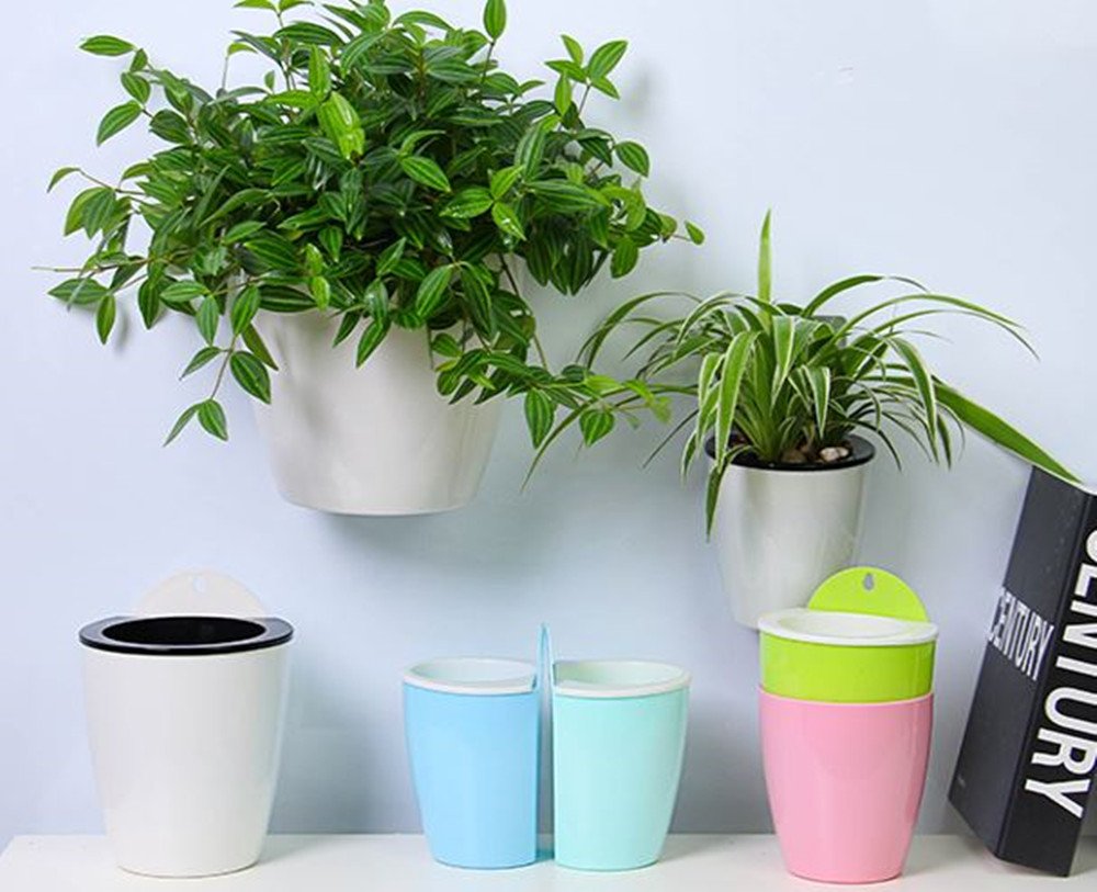 5 pack Lazy flower pots Water hanging plants Pot/Self Watering Planter,Succulent plants and small flower pots Plants Pots Indoor out Wall Hang Flowerpot Window Boxes With 5 hooks Silver (white)