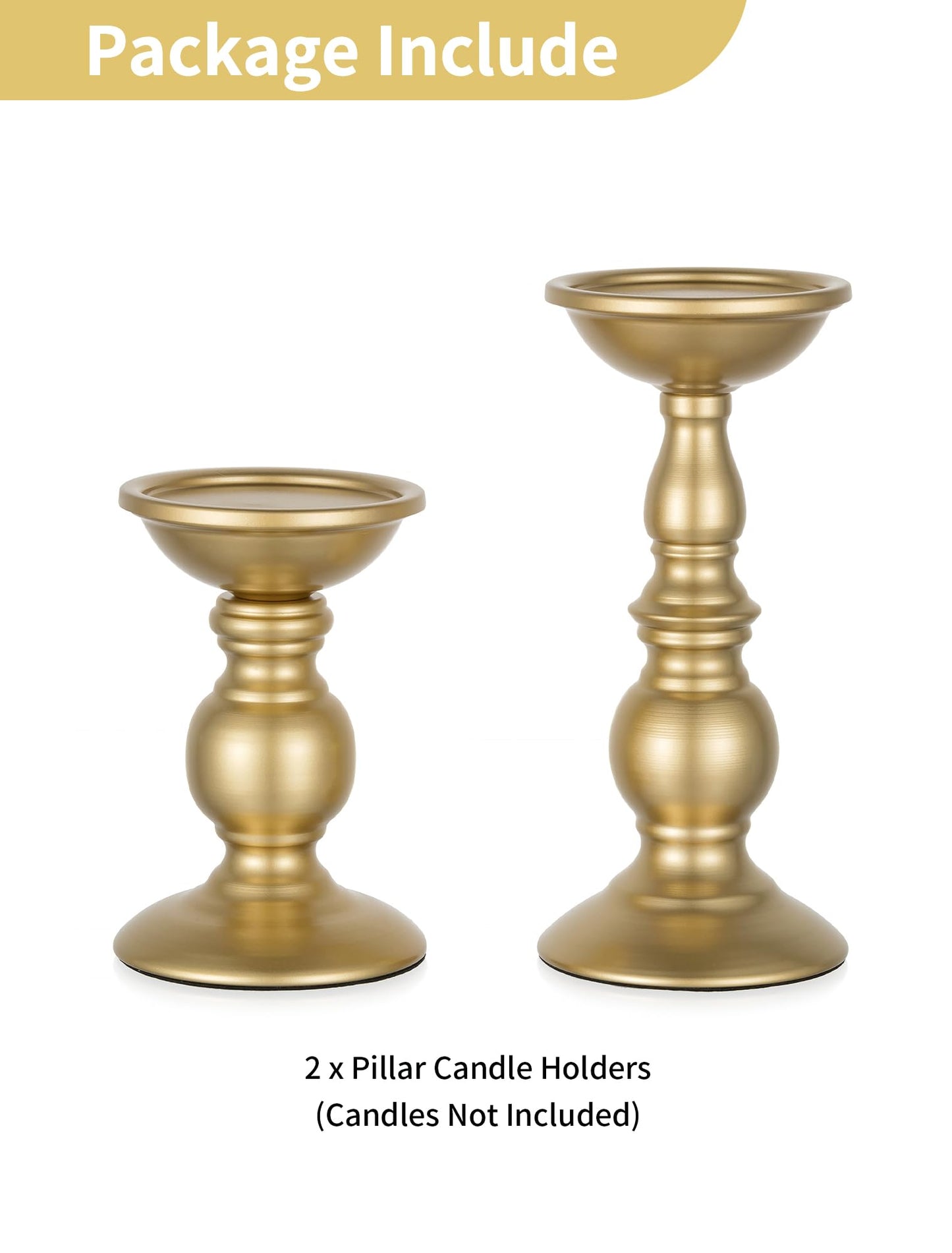 2 Pcs Gold Pillar Candle Holders, Gold Candlestick Most Ideal for 3" Pillar Candles, Gifts for Wedding, Party, Home, Spa, Reiki, Votive Candle (S + L)