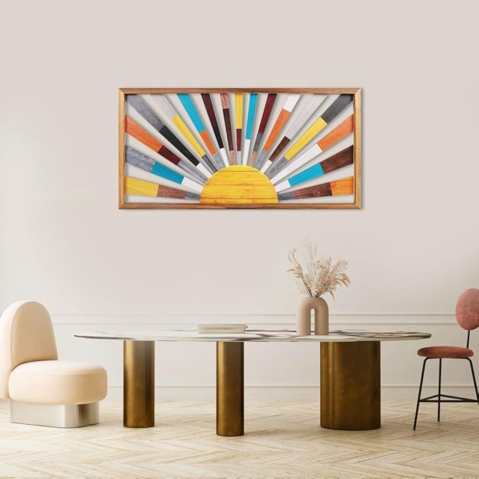 IARTTOP Large Boho Sun Wall Art Framed Wooden Art Wall Decor Rainbow Sun Rising