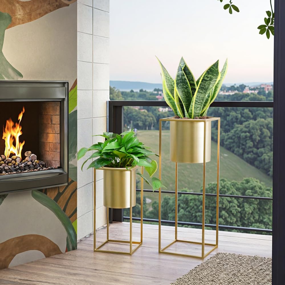 TRIROCKS Set of 2 Large Planters with Stand Gold Planter for Indoor Plants 28 &18" H Morden Plant Pots for Living Room Corner Kitchen Office Garden Balcony Patio Decor(Gold)
