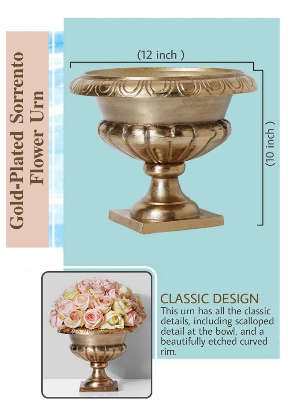 Serene Spaces Living Gold-Plated Sorrento Flower Urn, Home Décor, Event Centerpieces, Wedding, Parties, Floral Arrangements, Indoor/Outdoor Urn Planter, Single