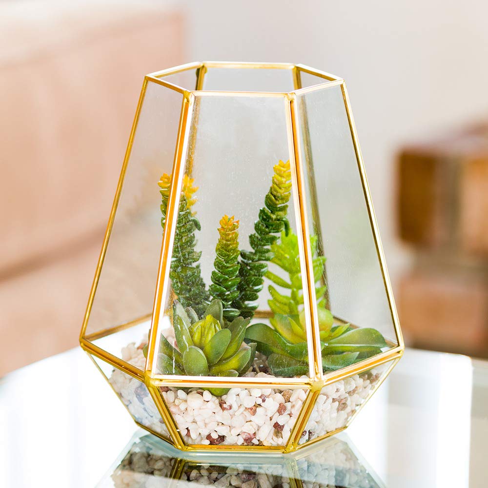 Restaurantware-7 x 6.5 x 8 Inch Faux Succulent, 1 Artificial Succulent - In Hexagonal Glass Terrarium, Use As Table Or Shelf Decor, Centerpiece, Bronze Plastic Fake Desk Plant, Geometric