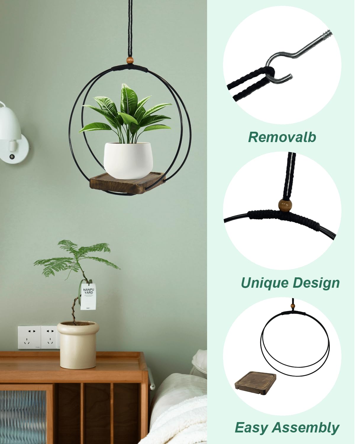 vensovo Hanging Planter for Indoor Plants - 1 pcs Plant Hanger Indoor with Metal Ring and Sturdy Wood Base, Boho Hanging Planter for Wall/Window/Room Decor