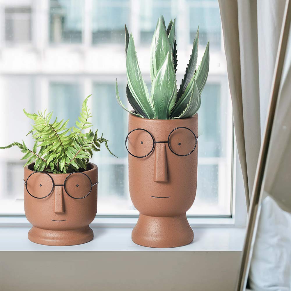 ace Planters Pots,5.12 inch Modern Unglazed Terracotta Pots Ceramic Human Face Vase Succulent Head Planter Pot Face Flower Pot Containers with Drainage Hole for Indoor Plants Home Desk Dec(Terracotta)