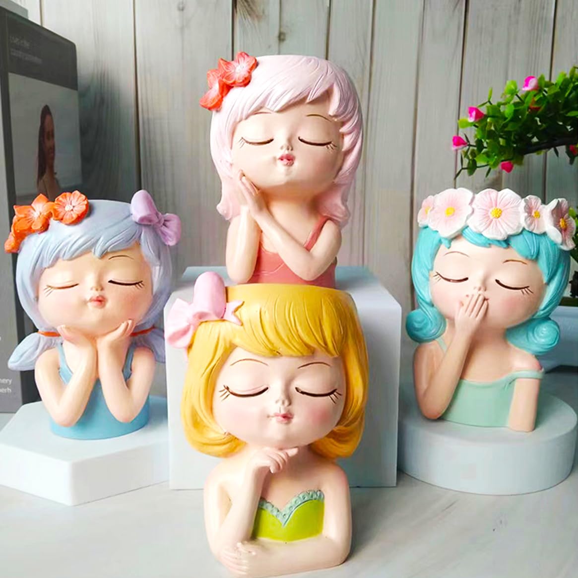 Cute Head Planter Pot Resin Succulent Planter Little Girl Flower Pot, Human Face Cactus Plants Container Bonsai Holder Thumb Pot Fairy Figurine Statue Planters with Drainage Decor Gift (Yellow)
