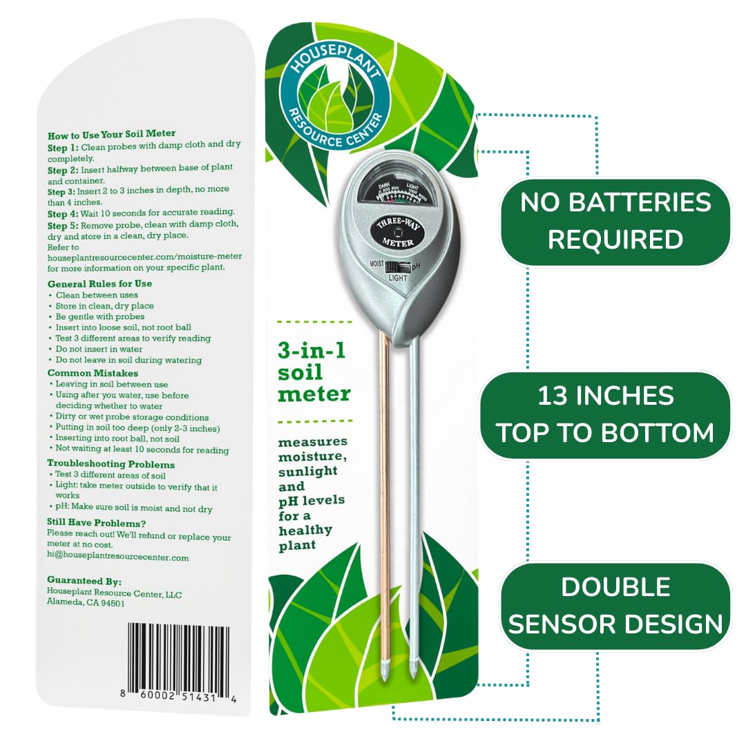 Houseplant Health Meter – 3-in-1 Tool to Prevent Overwatering, Root Rot & Leaf Burn | Test Soil Moisture, Sunlight & pH | Simple, Easy, Battery-Free | Suitable for Indoor, Outdoor & Potted Plants