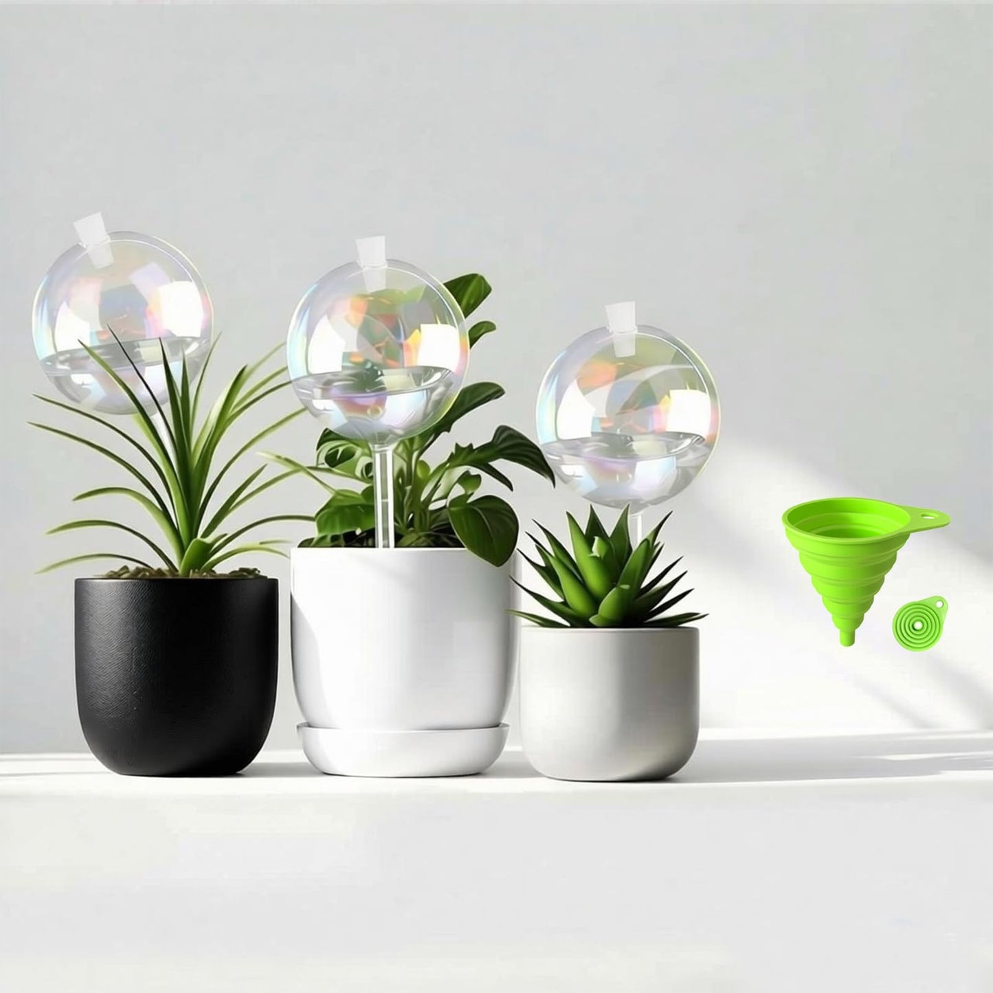 OYSIR 3 PCS Top-Fill Self Watering Globes, Automatic Plant Watering Devices, Transparent Self Watering Planter Insert, Durable Clear Glass Aqua Bulbs for Indoor, Ball Shape, & Funnel