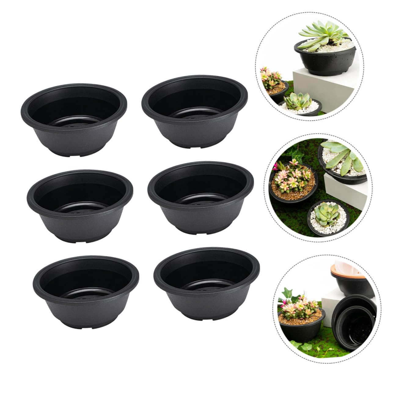 KONTONTY 6.10 Inch Shallow Plastic Succulent Planter Set of 6 Hollow Bottom Lightweight Flower Pots for Indoor Outdoor Gardening and Plant Containers