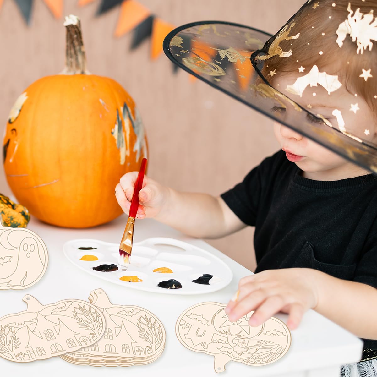 Pumpkin Wood Cutouts-24Pcs Halloween Painting Crafts for Kids DIY Halloween Unfinished Pumpkin Hanging Wooden Ornaments