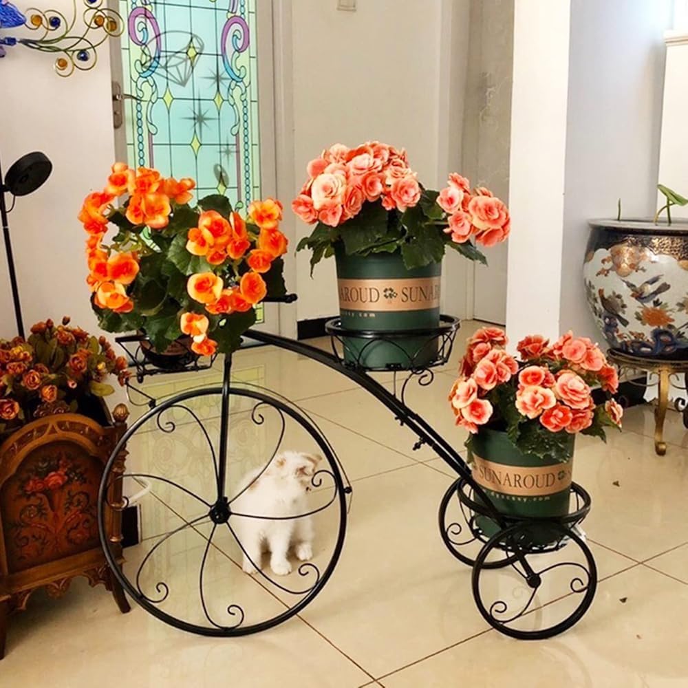 QUANBU Metal Bicycle-Shaped Planter Rack Tiered 3-Pot Plant Flower Display Stand | Indoor/Outdoor Garden Plant Shelf Holder(Color:Black)
