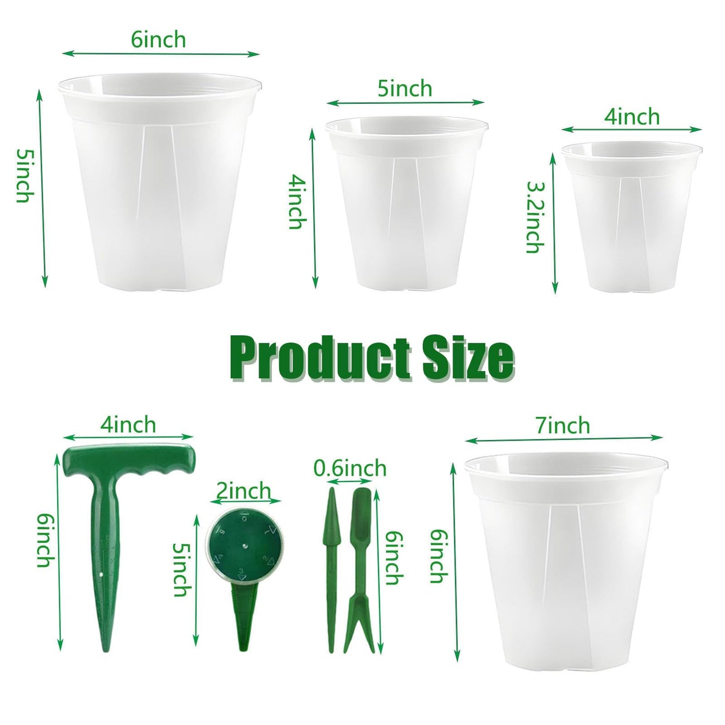 onaner 4/5/6/7 Inch Plastic Plant Pots for Plants with Drainage Holes,8 Pack Nursery Pots and Transplanting Tool Set Including Loosening Fork,Transplanting Trowel,Dibber for Indoor Outdoor Gardening