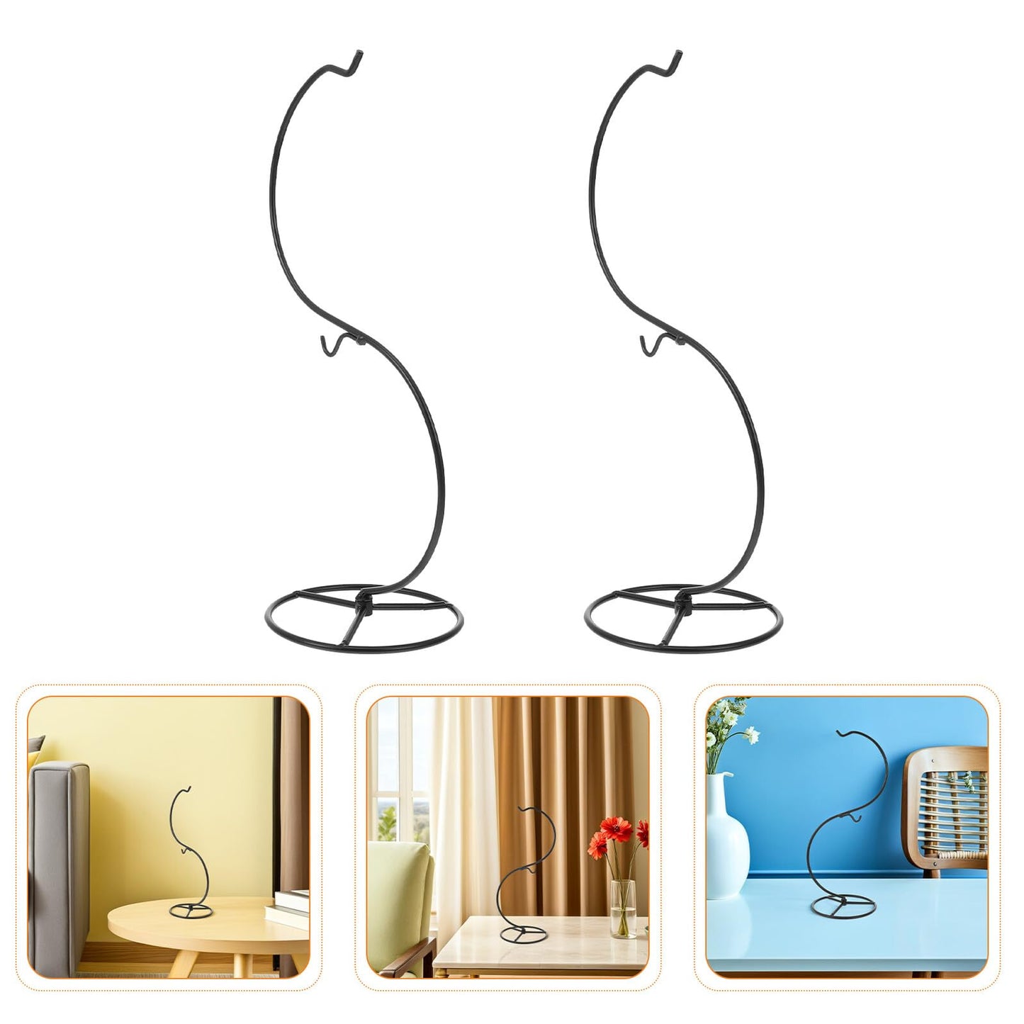 ULTECHNOVO 2pcs Black Iron S-shaped Hanging Glass Plant Holder Rack for Desktop Terrarium Globe Stand, Decorative Hanging Flower Pots Holder for Indoor Home and Balcony