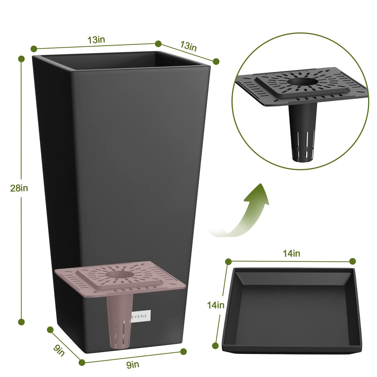 Elevens Outdoor Planter Larger Flower Pots Indoor Taper Garden V-Shape Tall Planters 28 inches Garden Pots Planter with 2 Trays - Black(2 Packs), 28"-2 Pack (A-GE01002)