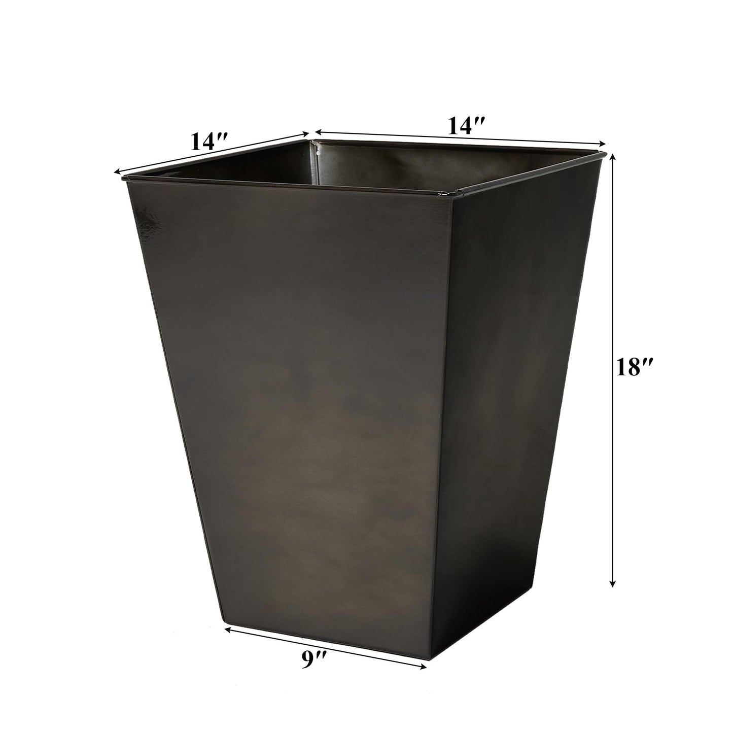Worth Garden Large Metal Glazed Floor Planter Set of 2-14" Dia x 18" H - Luxurious Glossy Finish Black Tall Square Tapered Steel Plant Pots, Decor Flower Pot Indoor & Outdoor, Drainage Hole