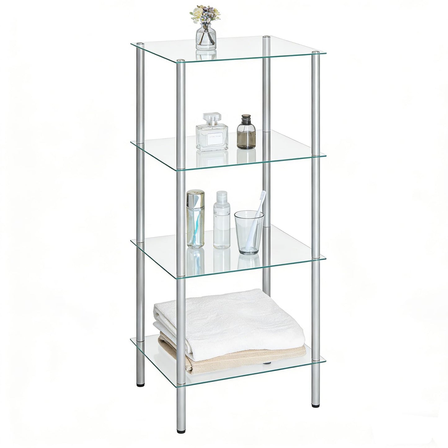 HOOBRO Glass Shelf, 4 Tier Bathroom Standing Shelf Unit, Tempered Glass Shelving Stand for Small Space, Perfume Stand Organizer, Space-Saving, for Bathroom, Bedroom, Steel Frame, Silver SV04CJ01