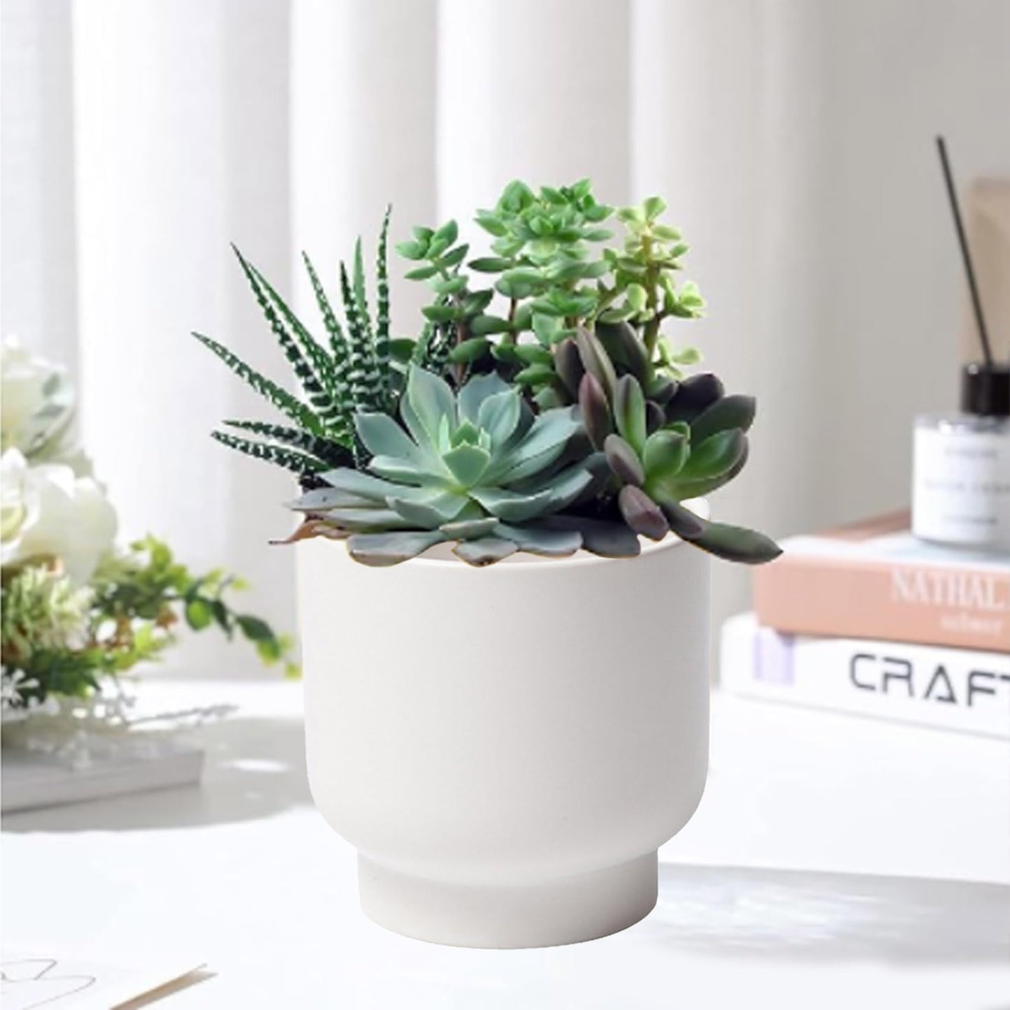 LB White Ceramic Planters for Indoor Plants, Succulent Plant Pots Ceramic Flower Pots, Modern Plant Pot for Living Room Office Home Decor, Round Flower Pot of 4.3 Inch(Plant Not Included)
