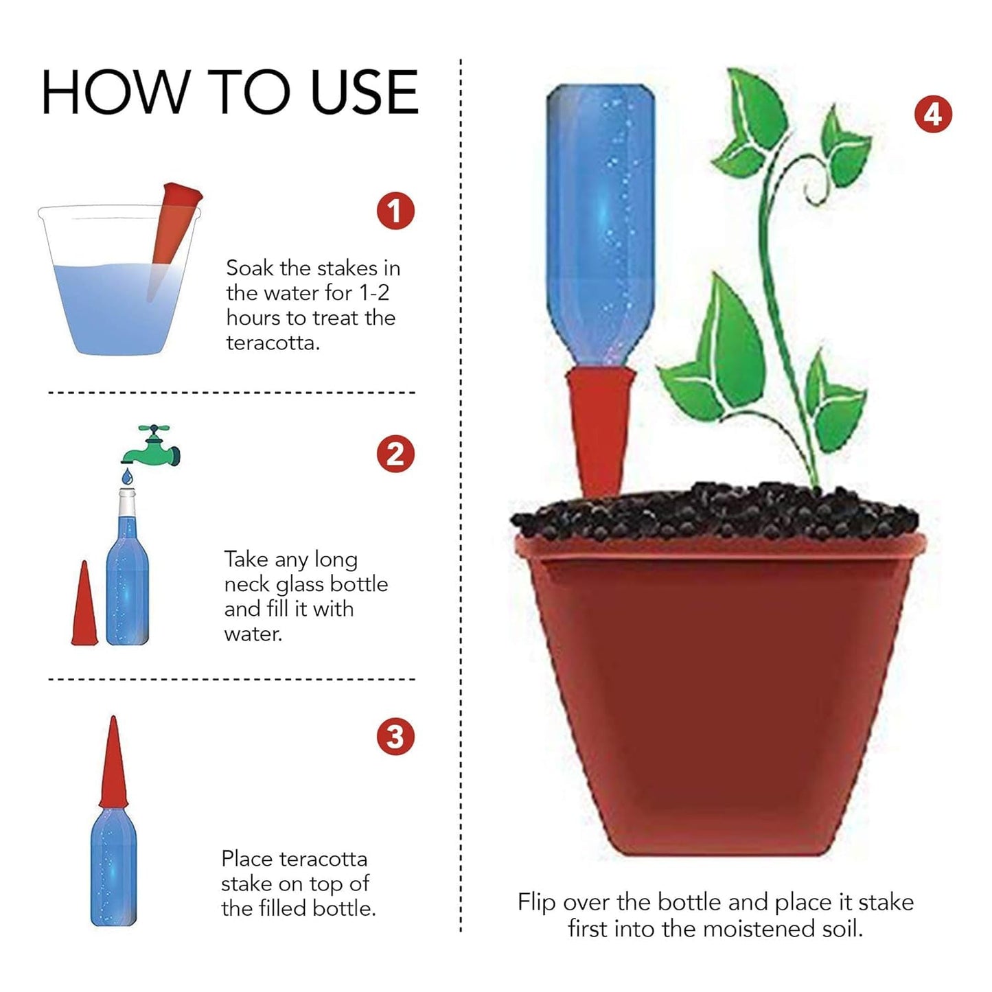 Plant Self-Watering Stakes for Indoor Outdoor Terracotta Watering Spikes for Recycled Wine Bottles to Water at Home or on Vacation (6, Brown)