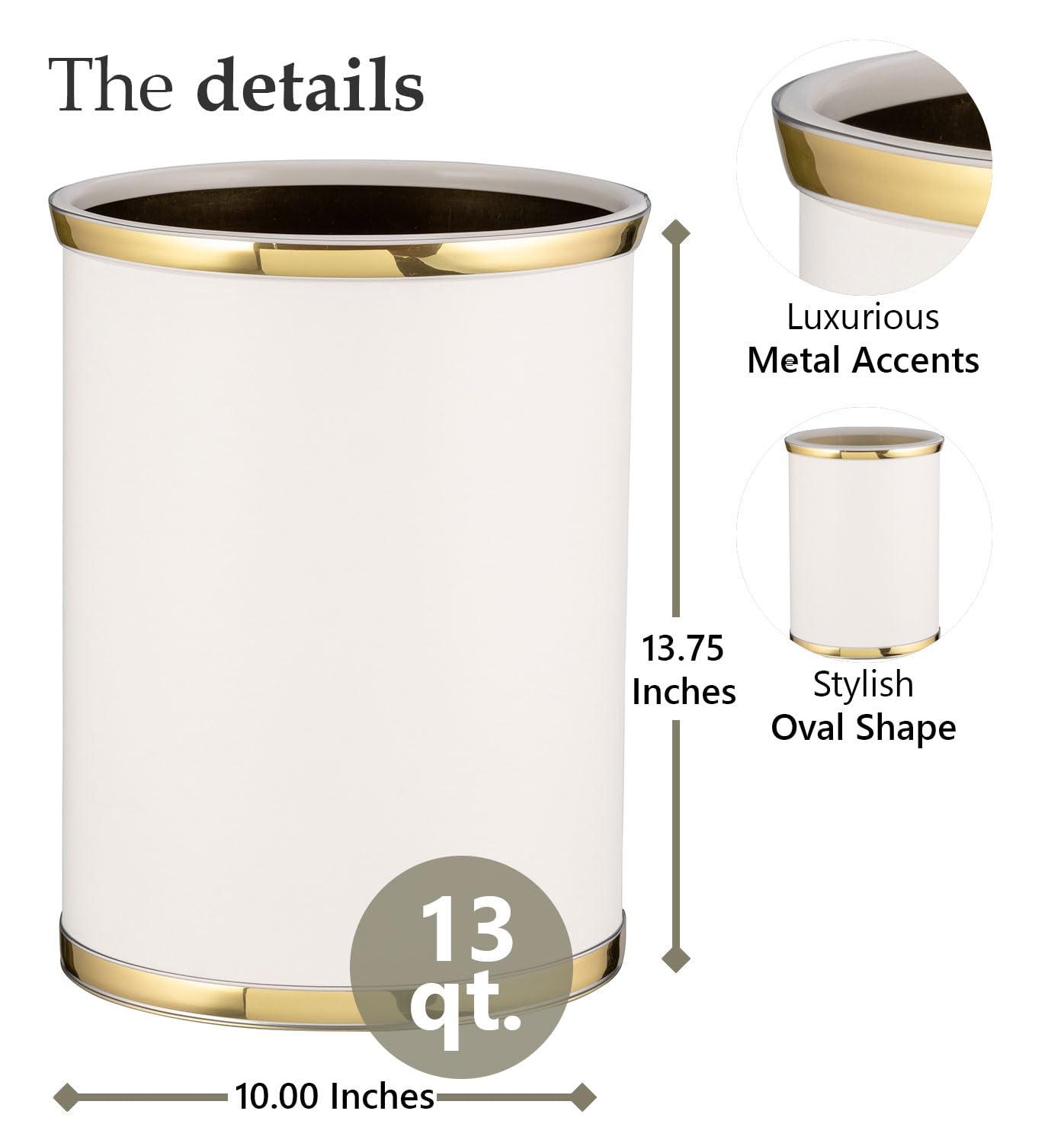 Kraftware 50274 Sophisticates W/Polished 14" Oval Waste Basket Wastebasket, White with Brass