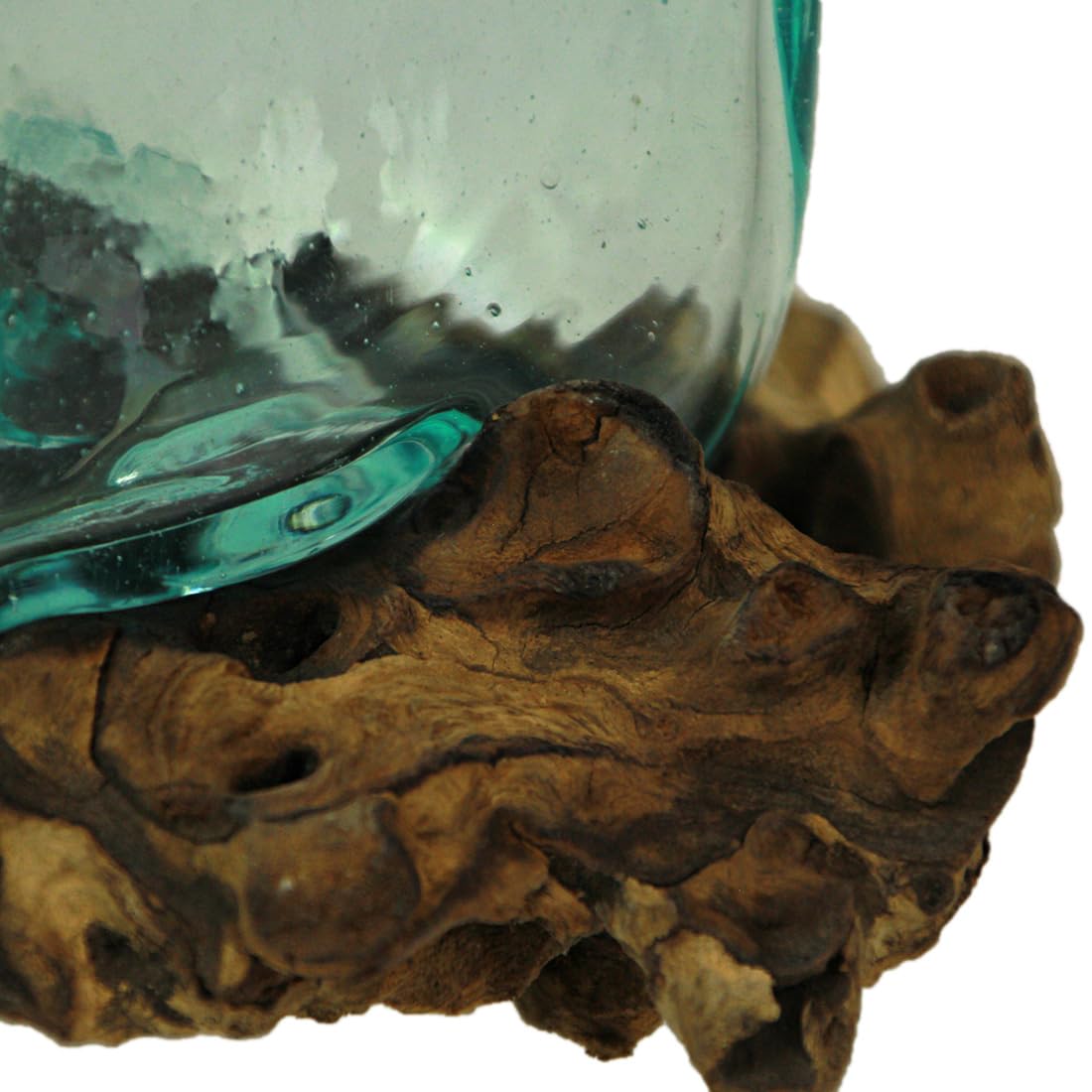 Melted Molten Glass on Teak Driftwood Rectangular Decorative Bowl, Vase, or Planter - Approximately 5.75 Inches High - Nature-Inspired Elegance for Home and Patio Terrarium