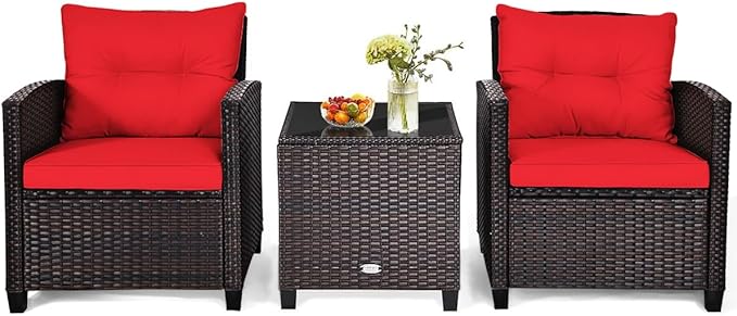 HAPPYGRILL 3 Pieces Patio Conversation Set, Outdoor Furniture Set PE Rattan
