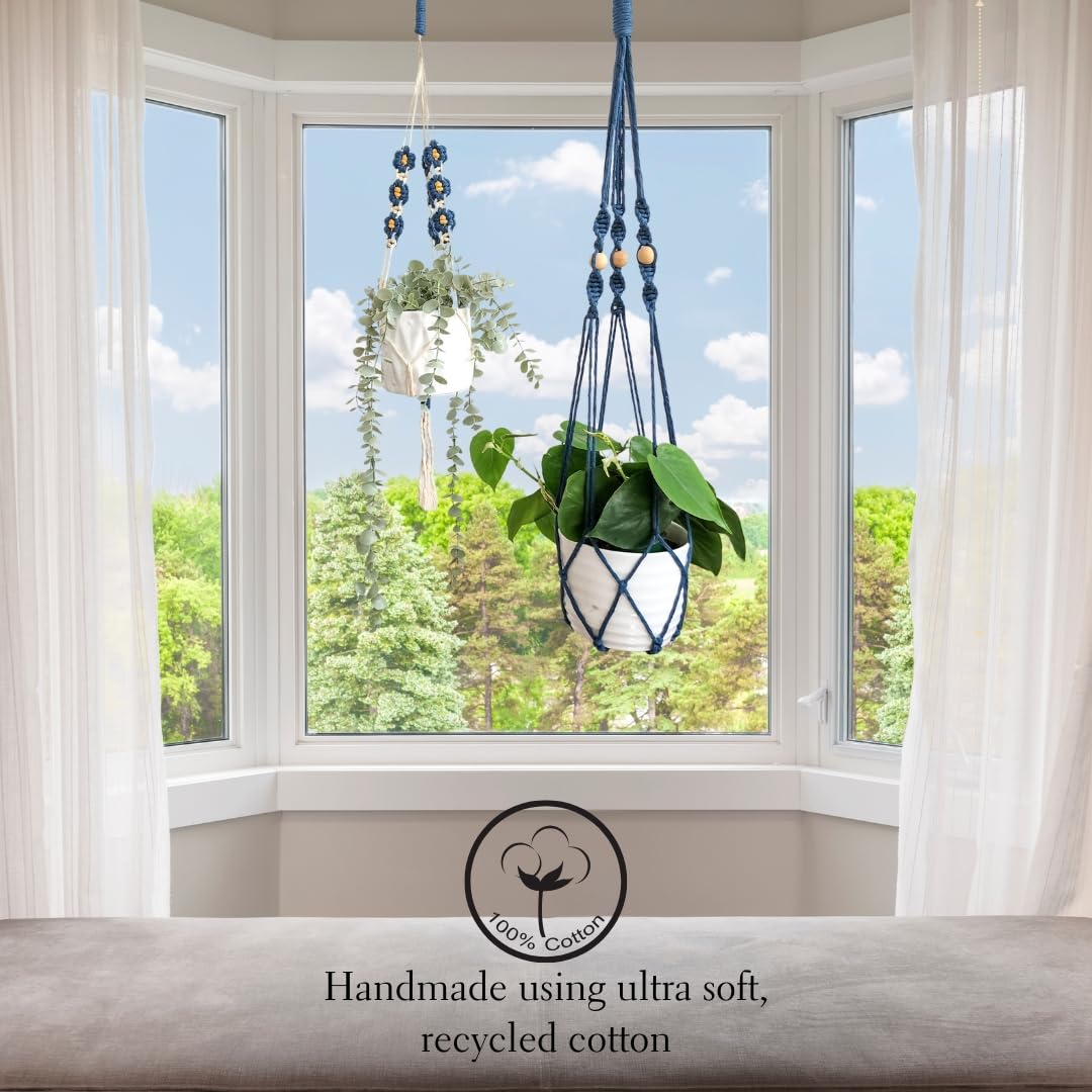 Set of 2 Macrame plant hanger with Daisies & Beads | Hanging plant holder Macrame Plant hangers outdoor and indoor hanging planters Plant stand indoor Boho Decor hanging planter stand (Peacock Blue)