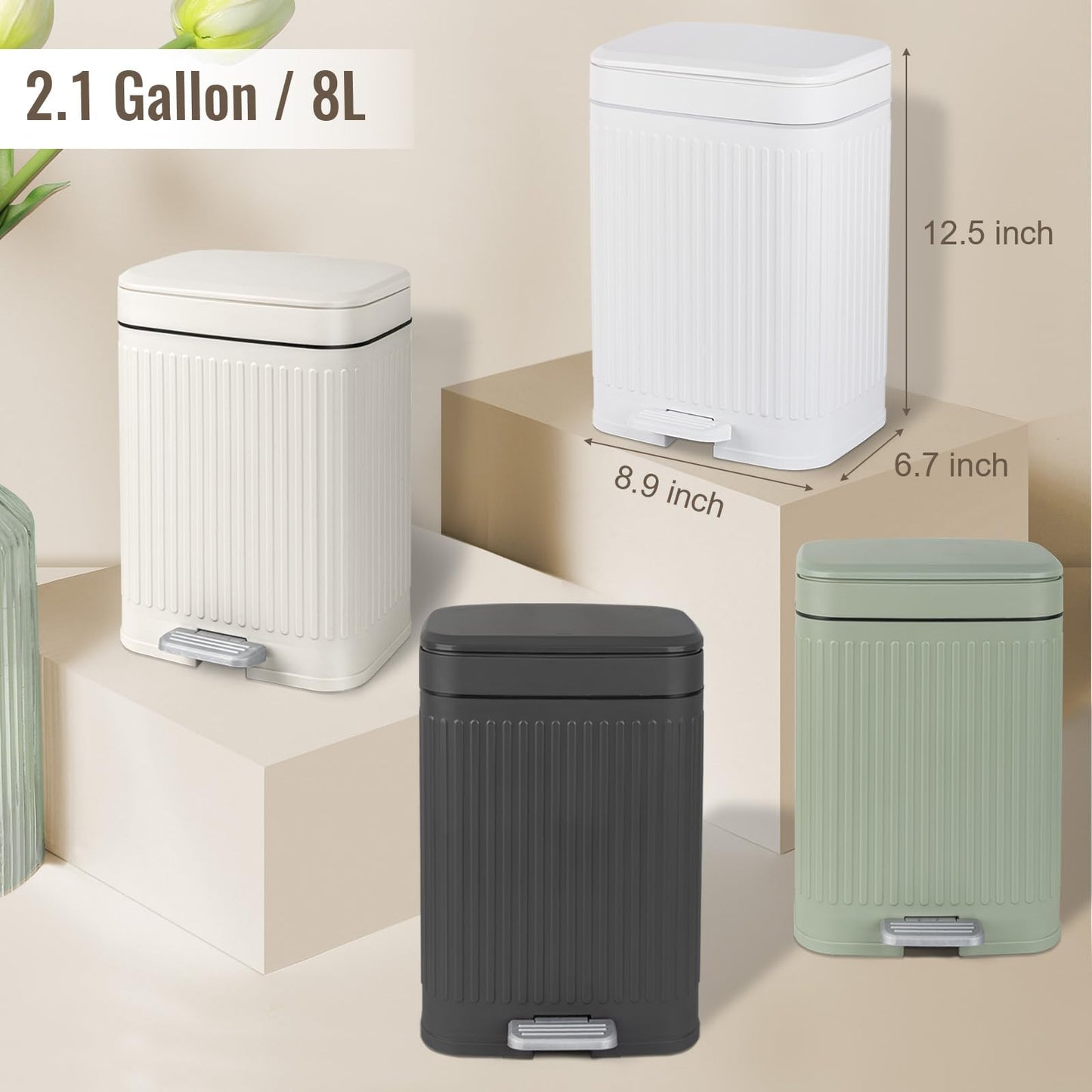rejomiik Small Bathroom Trash Can with Lid 2.1 Gallon Soft Close Step Slim Garbage Can Waste Bin for Office, Bedroom, Kitchen, Light Green
