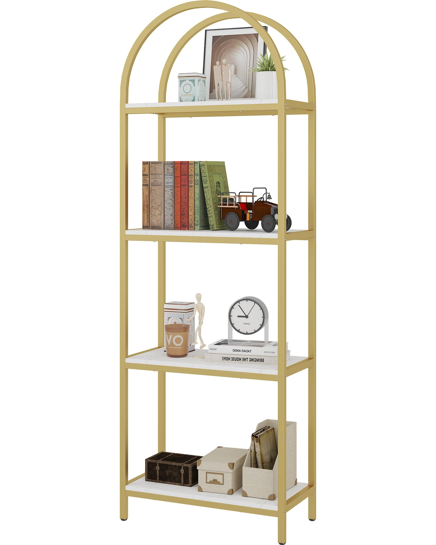 Yusong Bookshelf 4 Tier Arched Bookcase, 71.3" Tall Industrial Open Book Shelves for Living Room, Modern Freestanding Display Shelving Storage Rack Metal Frame, Office, Bedroom,Gold White