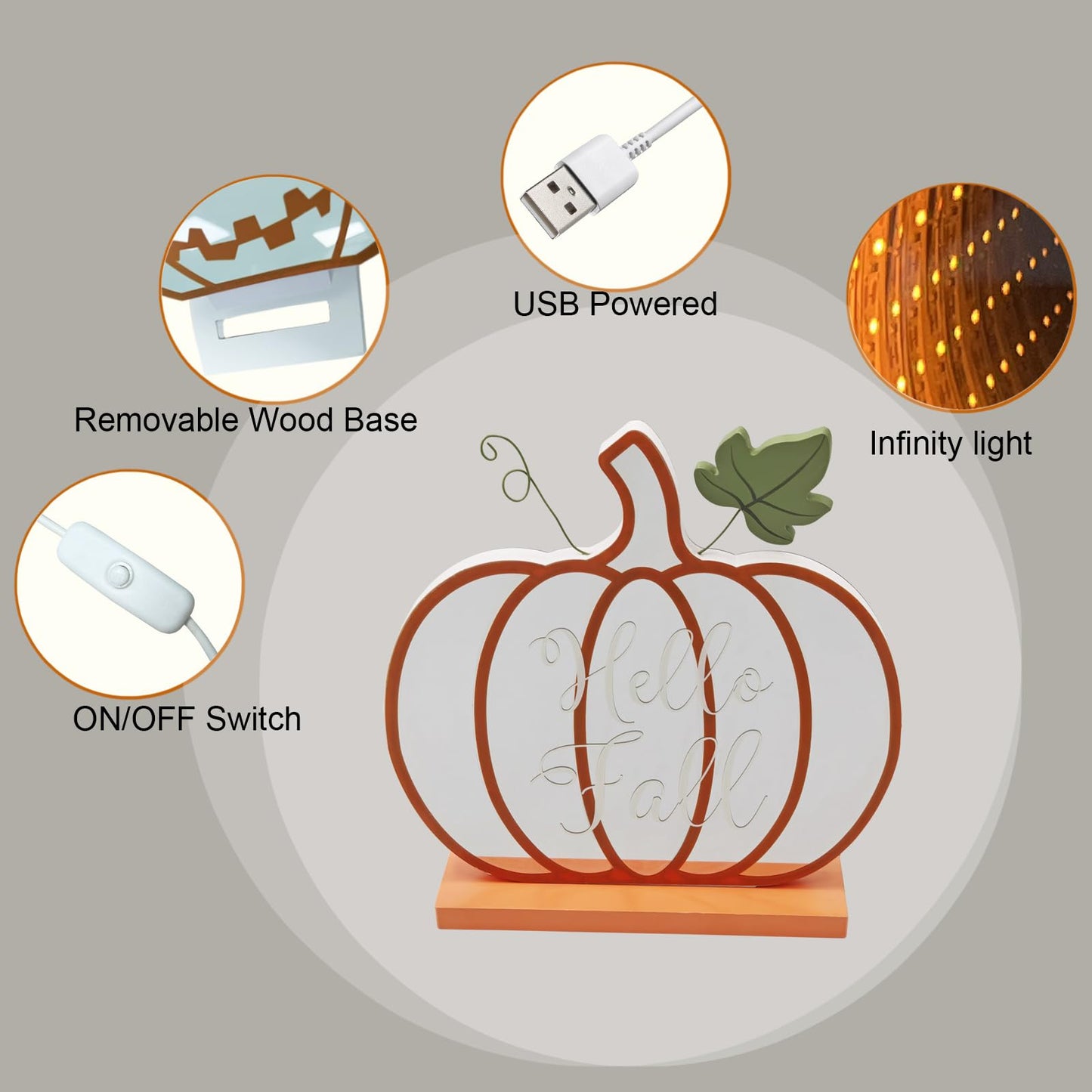 Infinity Fall Pumpkin Décor, Light Up Harvest Pumpkin Lights with USB Powered,8.58 Inch H Standing Fall Pumpkin for Table,Shelf or Room Decoration