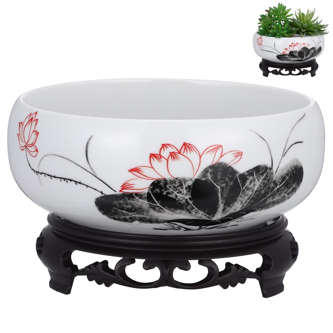 Gatuida Ceramic Bonsai Planter with Base, Hydroponic Flower Container, Water Lily Bowl, Lotus Planter for Home Decor, 6.69 x 2.75 x 4.13 Inch