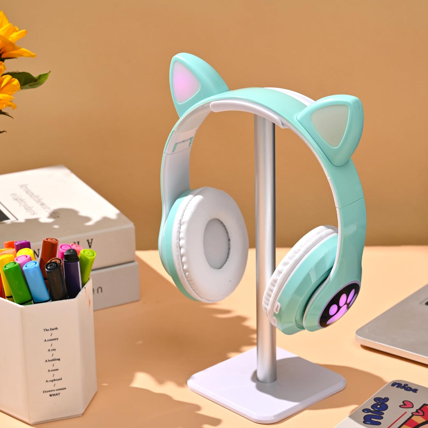 KERHAND Bluetooth Headphones for Kids, Cute Ear Cat Ear LED Light Up Foldable Headphones Stereo Over Ear with Microphone/TF Card Wireless Headphone for iPhone/iPad/Smartphone/Laptop/PC/TV (Green)