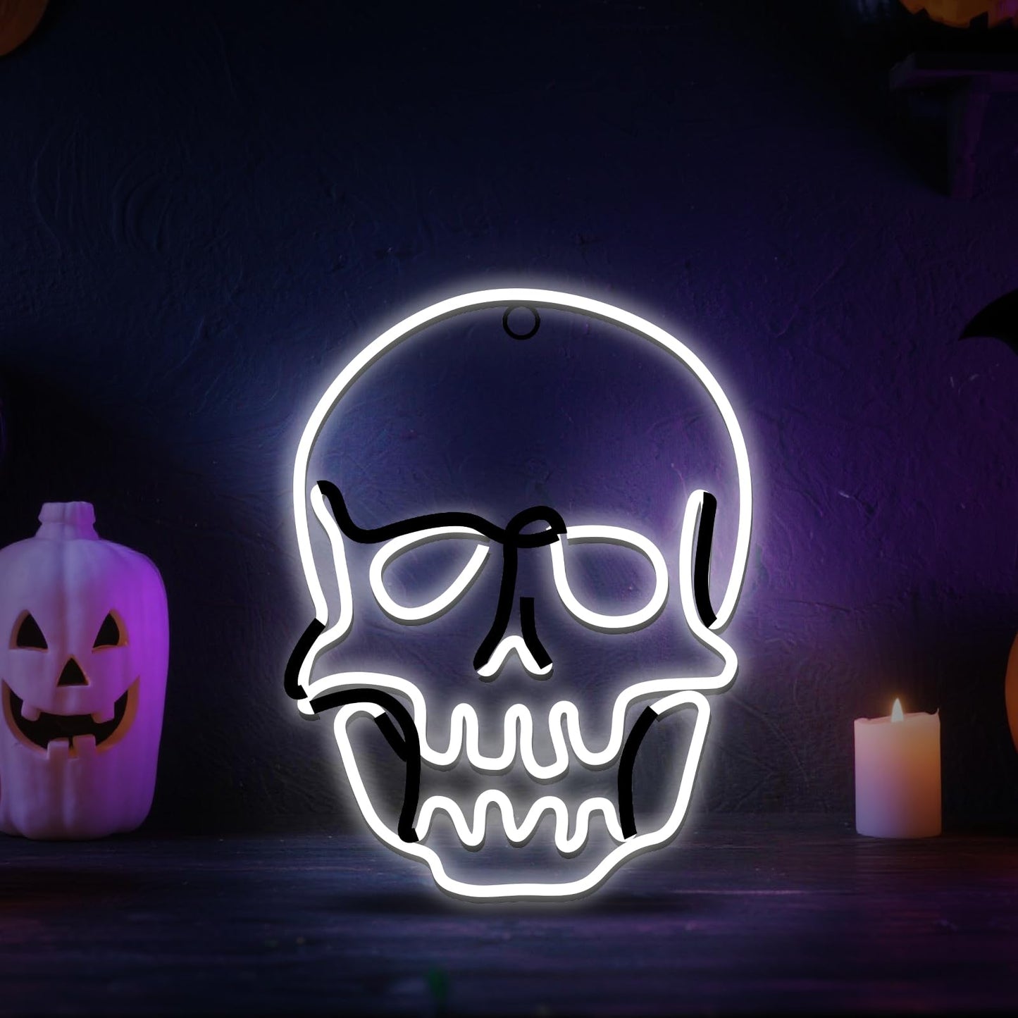 Flickering 13.5" Skull Neon Sign, 396 LED Pre-lit Skull Lights Plug in Hanging Scary Spooky Outdoor Halloween Decor for Yard, Porch, Garage, Party - Cool White (No Constant Light)