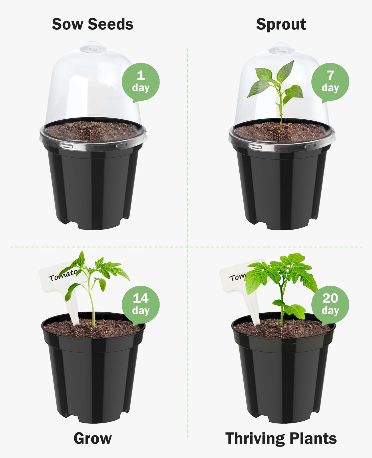 homenote Nursery Pots for Plants,5 Inch Plant Pot for Planting with Humidity Domes Plastic Seedling with Drainage Holes Seed Starter Flower with 10 Labels Black (15 Pack)