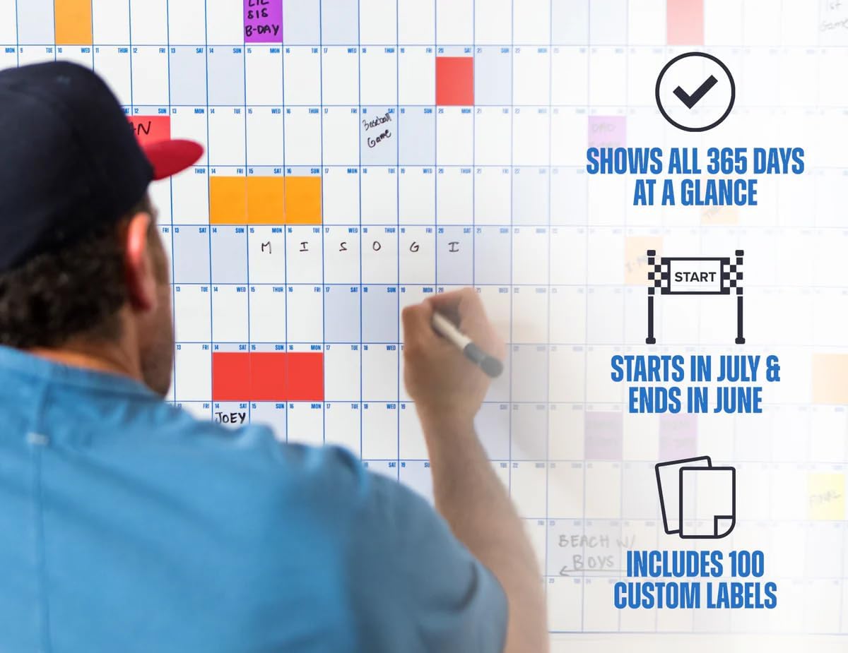 The Big A## Calendar Mid-Year Wall Planner – July to June Dry-Erase – Includes 1 Markers & 100 Labels – Lightweight, Easy to Hang Yearly Planner – Plan Goals & Adventures – Gray, 4’x3’