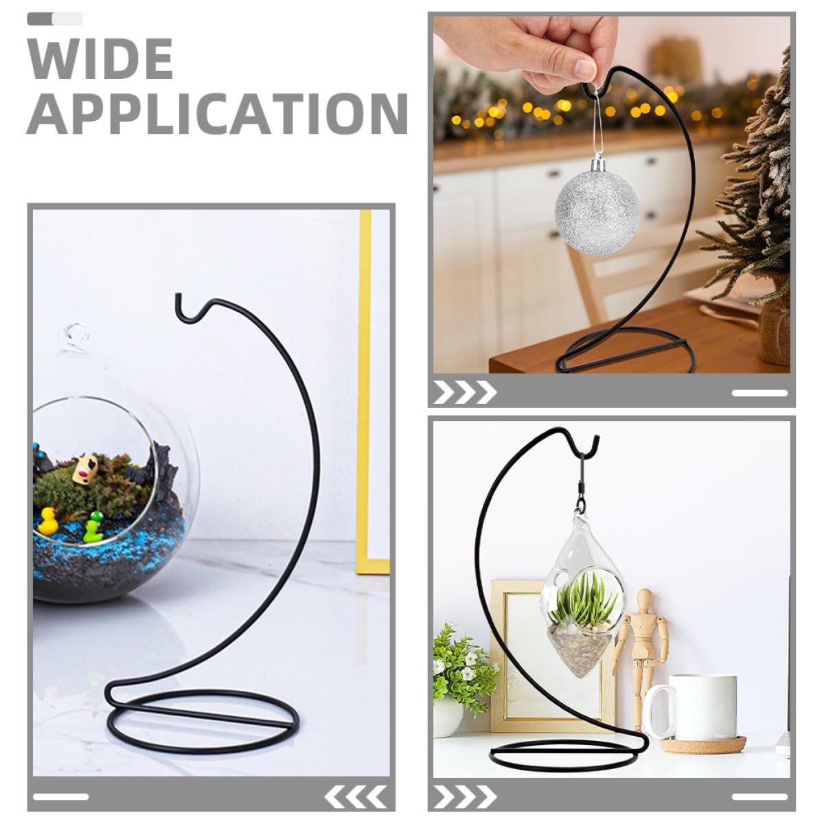HOMSFOU 3pcs Small Hanging Hook Stand for Glass Globe Terrarium, Black Metal Ornament Display Rack for Tabletop Plant Holder and Craft Decoration