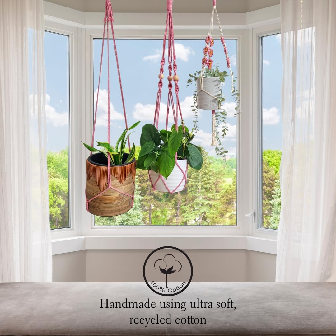 Set of 3 Macrame plant hangers with Daisies & Beads Hanging plant holder Macrame Plant hangers outdoor and indoor hanging planters Plant stand indoor Boho Decor hanging planter stand (Champagne Pink)