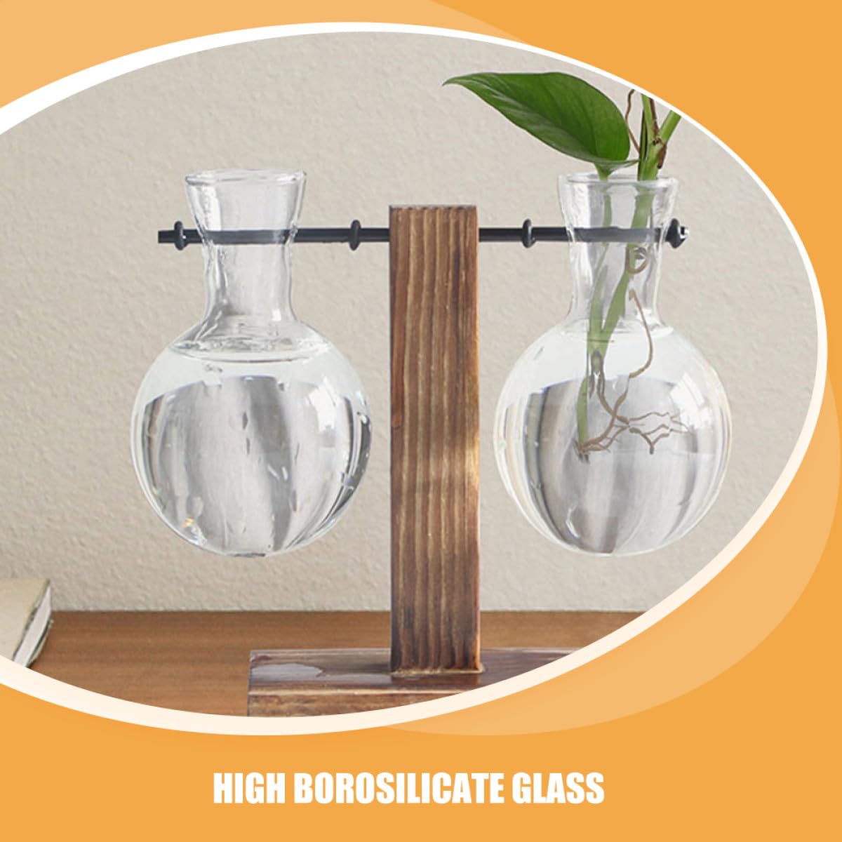 VICASKY 3pcs Hydroponic Glass Vase with Wood Stand, High Borosilicate Propagation Station for Indoor Plants and Flower Terrariums, Glass Plant Holder for Home Décor