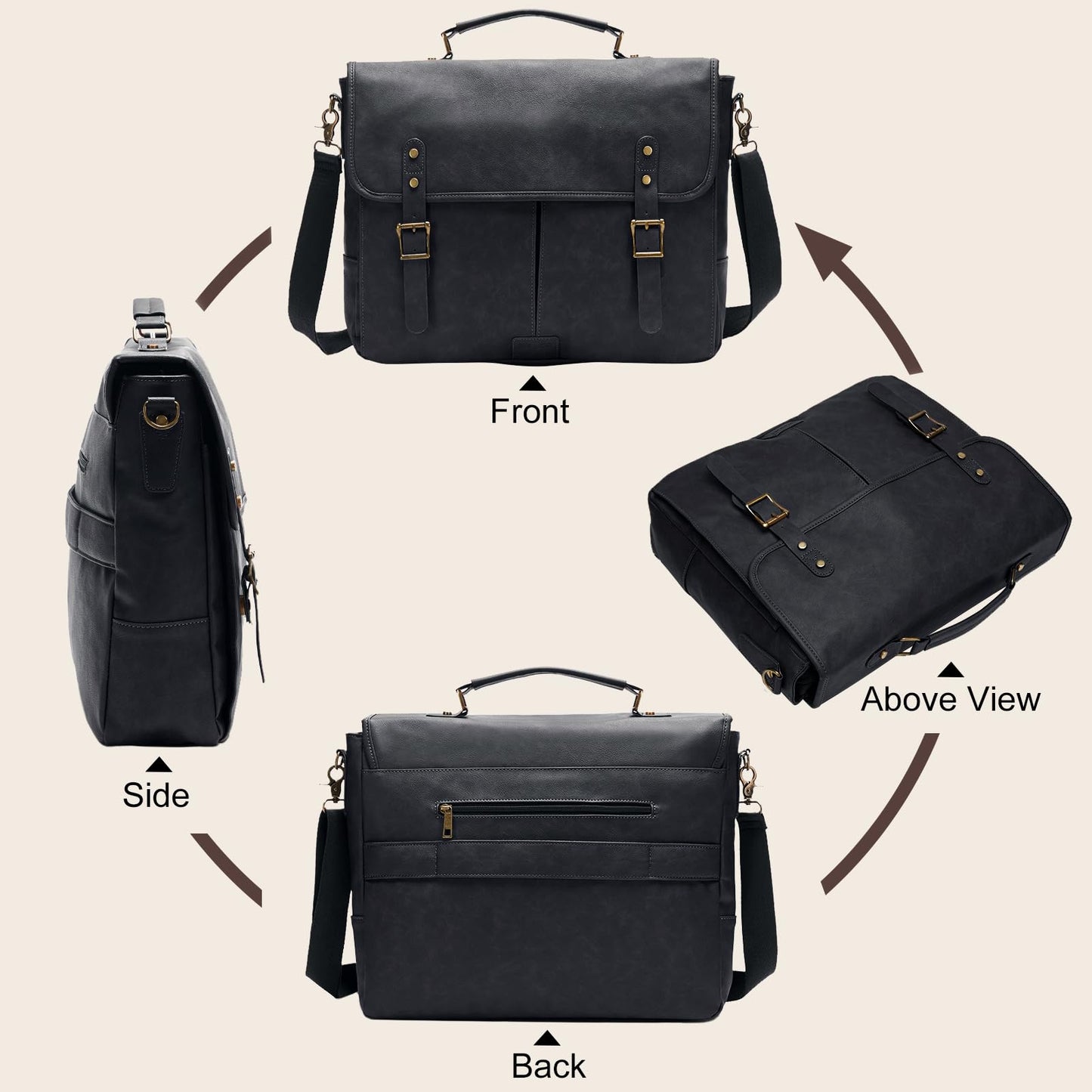 Leather Messenger Bag for Men, 15.6in Laptop Briefcase Vintage Waterproof Laptop Bag Shoulder Bags Satchel Office Bag(Black)